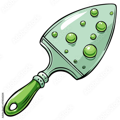 Cartoon garden trowel with bubbling green slime or magic potion