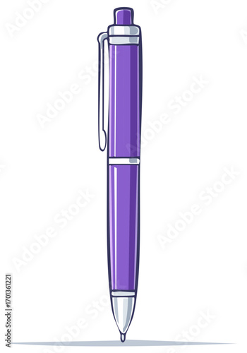 Stylized illustration of a purple pen, with metal clip and nib, drawing shadow