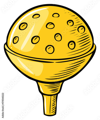 Bright yellow watering can spout head with holes in vintage hatch drawing style for water distribution when watering