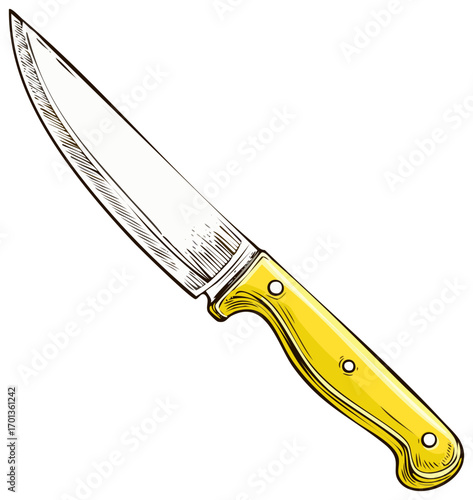 Yellow handled kitchen knife illustration, hand drawn style, kitchenware isolated on white