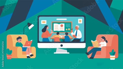 illustration of a virtual classroom with a teacher on a computer screen and students studying from home vector design template