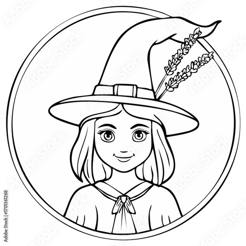 Enchanting witch girl illustration with lavender sprigs in a pointed hat inside circular frame, outline style Halloween theme