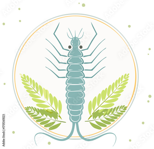 Flat design illustration of an aquatic insect larva with green foliage in a natural circular frame