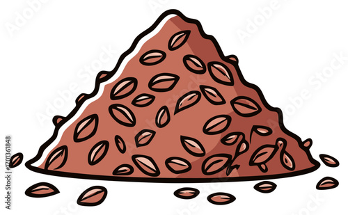 A mound of cocoa powder with scattered beans and a wavy outline on white