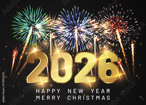 Happy new year 2026 Elegant text with light effect and fireworks.