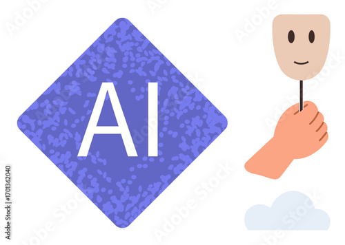 AI in bold text inside a purple diamond, hand holding a smiling mask, and light blue cloud. Ideal for technology, identity, anonymity, AI ethics, innovation connection digital trends. Modern simple