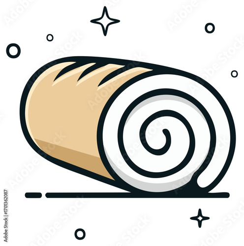 Rolled-up white towel with light brown exterior, isolated and stylized illustration, with stars and circles