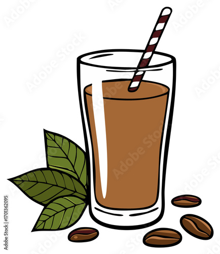 Glass of Iced Coffee with Straw, Leaves, and Beans
