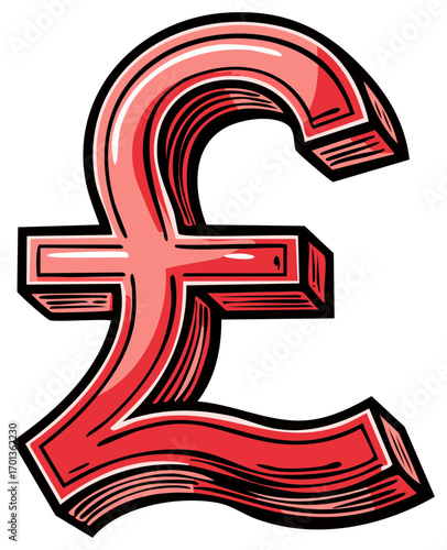 Illustrated British Pound Sterling Symbol in Red with Dimensional Line Art Design for Currency Concept