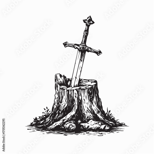 Excalibur Sword Stuck in Tree Stump Vector Illustration Design on white background