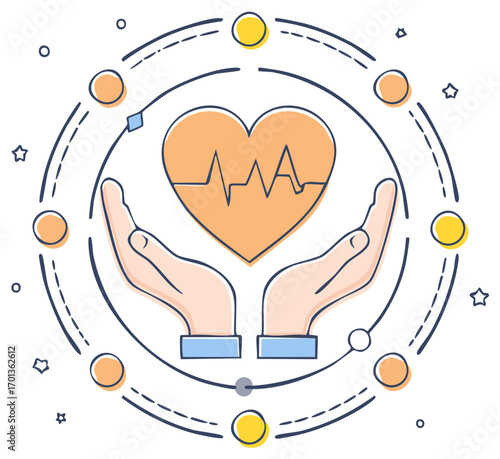 Hands Gently Protecting a Heartbeat Pulse Symbol Surrounded by a Celestial Orbit