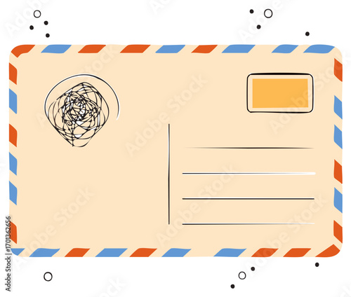 Stylized Postcard Design with Decorative Borders Scribbles and Address Space for Correspondence and Mail Art