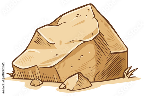 Cartoon style brown rock illustration with small stones and grass