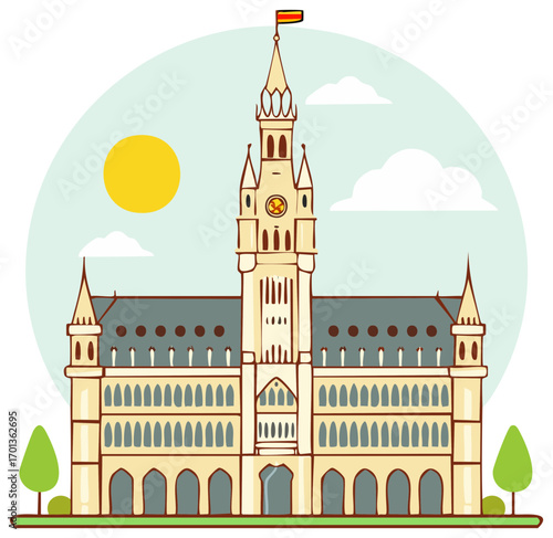 Illustration of a European-style building with a prominent clock tower, trees, sun and clouds.
