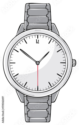 Classic analog wristwatch with metal band and white face showing exact time