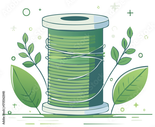 Spool of Green Thread with Leafy Decorations, Nature Craft Concept