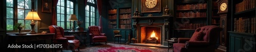 A dimly lit Victorian era study, featuring ornate furniture, antique books, a grandfather clock, and a crackling fireplace, evoking a sense of mystery and old-world charm , architecture, study