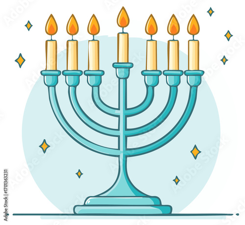 Illustrated Hanukkah Menorah with Lit Candles and Stars Celebrating the Festival of Lights