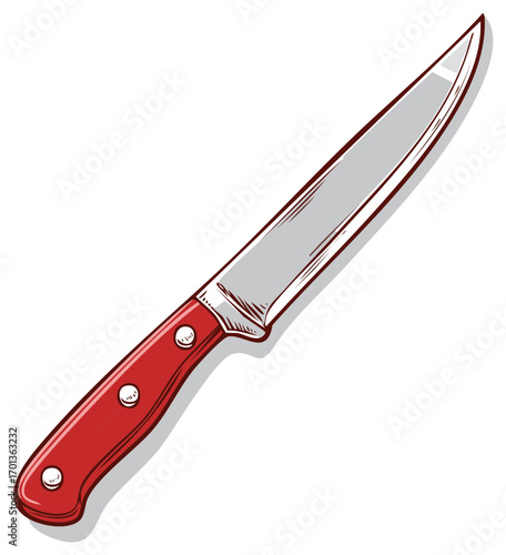 Illustration of a Kitchen Knife with a Red Handle Against a White Background