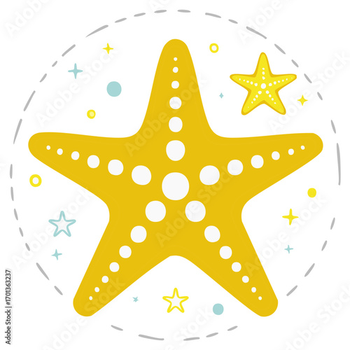 Cartoon illustration of starfish and other celestial design elements
