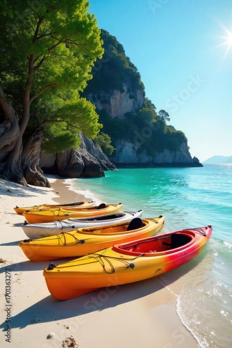A family of kayaks rests on a sunny beach near calm turquoise water, ready for a relaxing day of paddling and exploration , landscape, sea