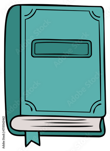 Teal hardcover book with a blank label and bookmark, cartoon vector illustration