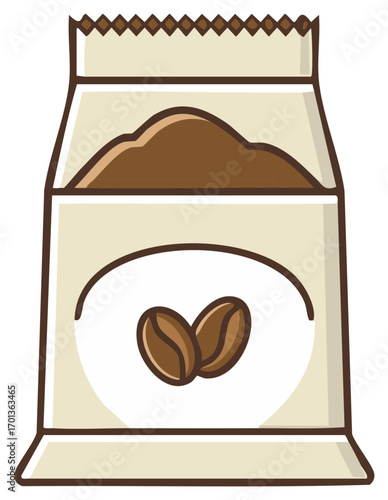 Cartoon illustration of coffee beans and ground coffee in a bag packaging.