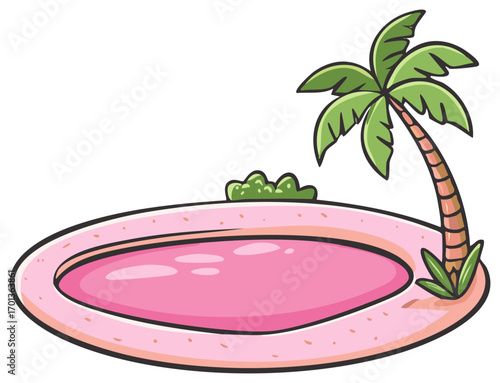 Vibrant pink tropical pool with palm tree and green bushes cartoon illustration