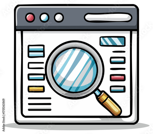 Webpage with magnifying glass cartoon illustration for search and data analytics.