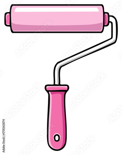 A cute pink paint roller tool with a comfortable handle and metal frame for home renovation