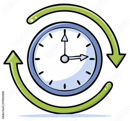 Circular arrows around a clock face symbolize time cycles and repetition
