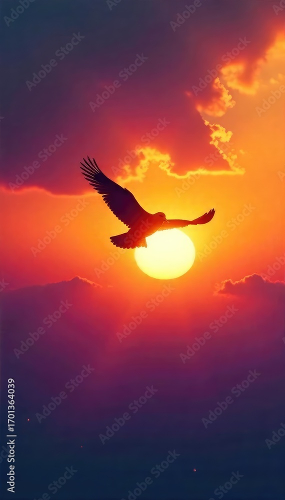 Fototapeta premium A lone bird in flight against a vibrant sunset, symbolizing liberation and the boundless possibilities of open skies , motivation, untamed, beautiful