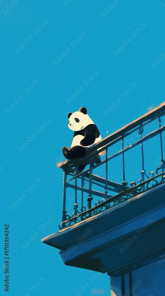 Obraz premium Panda Sculpture Perched on a Balcony Against a Clear Blue Sky