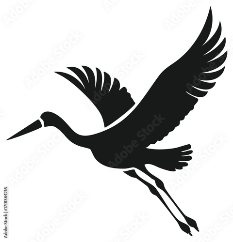 Graceful black stork bird flying with wide spread wings minimalist graphic icon or logo element design
