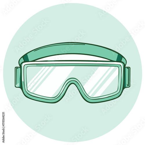 Vector drawing of eye protective wear in sea green on light sea green background in a circle.