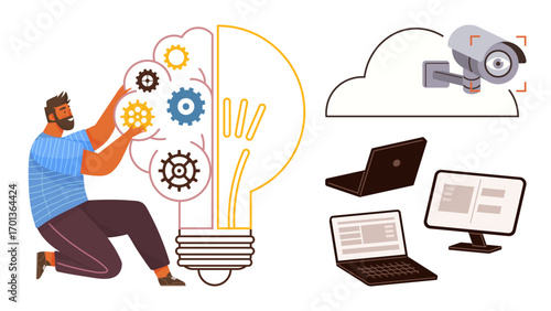 Man assembling gears into a lit lightbulb, symbolizing innovation and ideas. Nearby cloud with camera, laptops, and monitors emphasize technology, development, and data security. Ideal