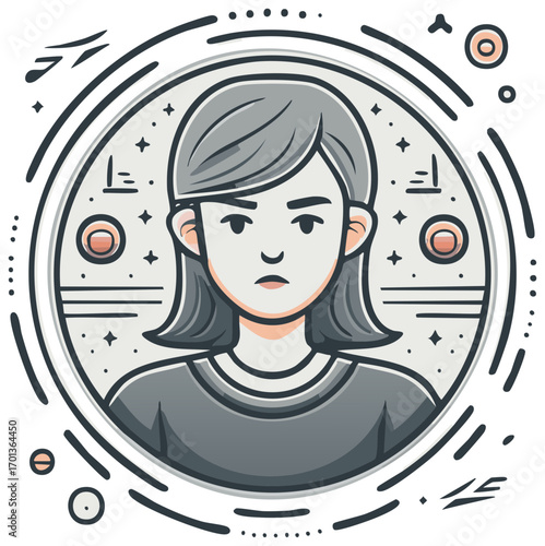 Cartoon portrait of a serious young woman in a decorative cosmic circular frame