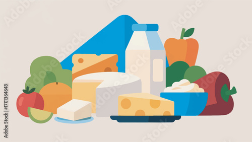 illustration of products in one attractive composition, surrounded by fruits and vegetables vector design template
