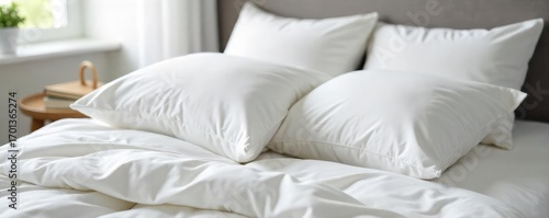 A pristine pile of fluffy white pillows, plump and inviting, ready for a restful sleep  Perfect for home decor, bedding, and comfort imagery ,  minimalist,  interior design