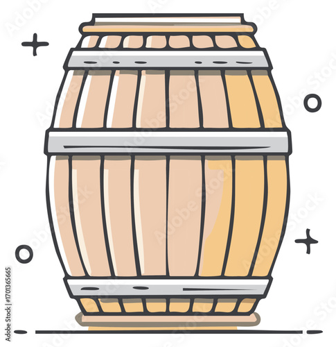 Hand drawn wooden barrel cartoon icon for storing wine beer or whiskey