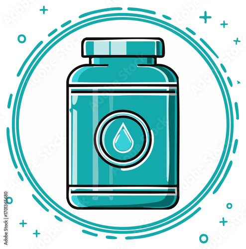 Turquoise Water Bottle Cartoon Styled Illustration with Fluid Drop Icon