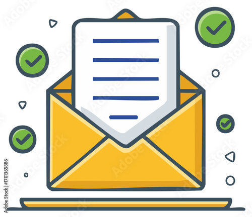 Email confirmation concept with an open envelope, letter, and green check marks for approval