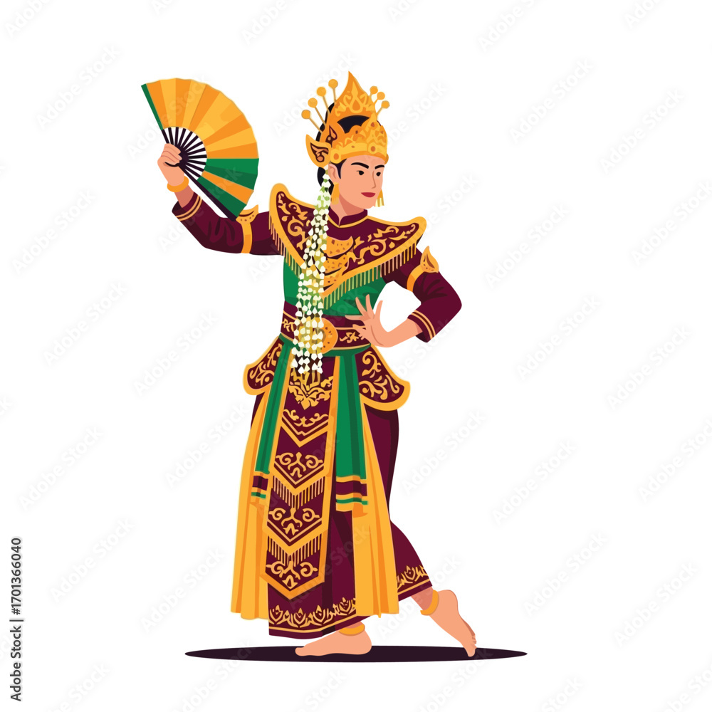 Obraz premium A stylized illustration of a dancer in traditional Indonesian costume, holding a fan.