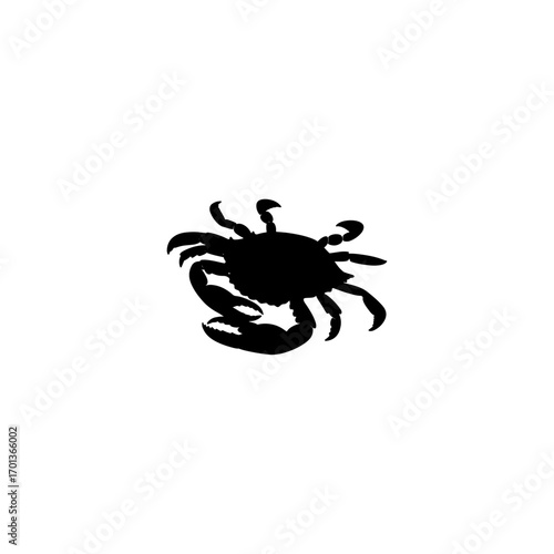 An illustration featuring a black crab silhouette set against a clean white background showing a crab with detailed claws and shell, 