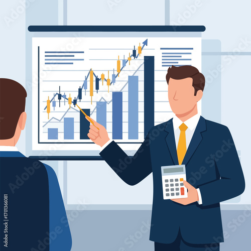Businessman presenting financial data to colleague, highlighting growth trends on a projection screen.