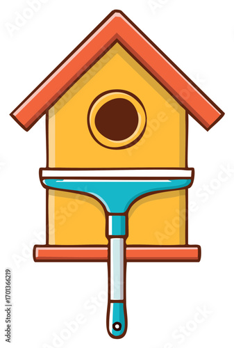 Illustration of a cartoon birdhouse being cleaned with a window squeegee