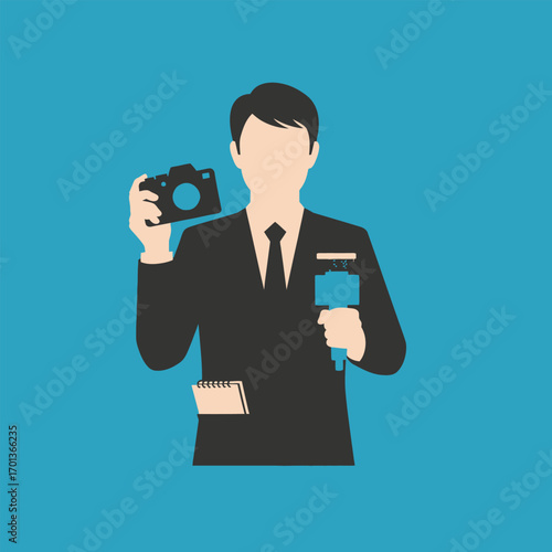 Silhouette of a news reporter holding a camera and microphone.