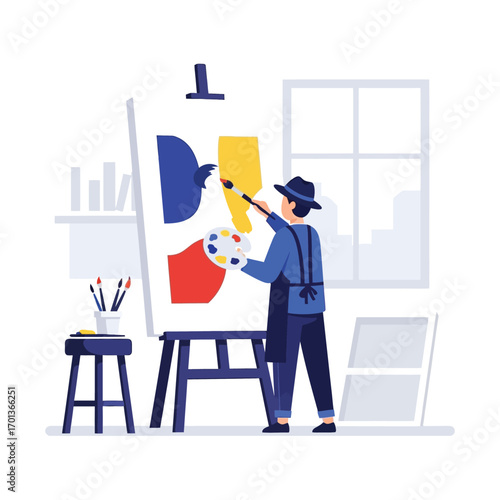 Artist painting a vibrant abstract piece on an easel in a studio.