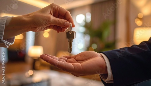 Hand giving key Real estate with house, home, purchase, and property.