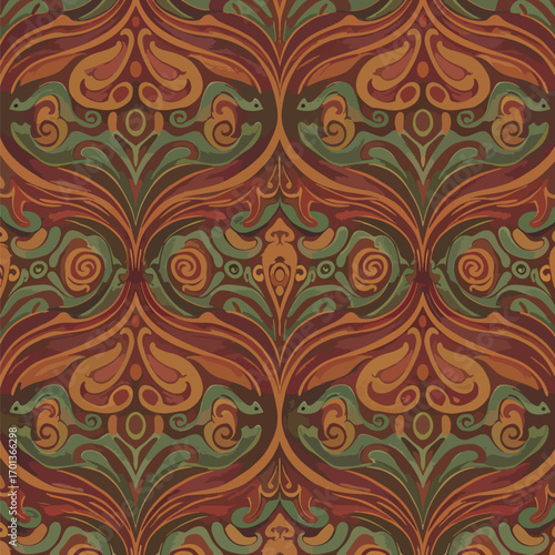Intricate seamless pattern featuring stylized floral and ornamental elements in warm autumnal colors, seamless pattern, Stock royalty free image.